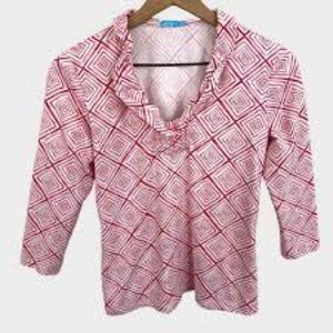 J. McLaughlin Pink White Diamond Print Ruffle Neck Top